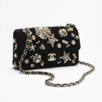 chanel mini classic handbag velvet strass imitation pearls gold tone metal A69900B22424U4568